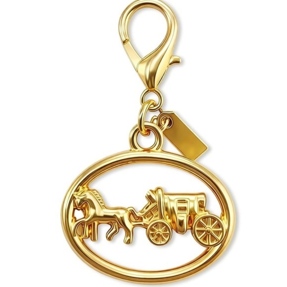 Gold Tone Horse and Carriage Oval Bag Purse Charm Keychain Accessory - Picture 2 of 4